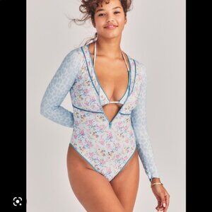 LoveShackFancy Blue Floral Long Sleeve Swimsuit